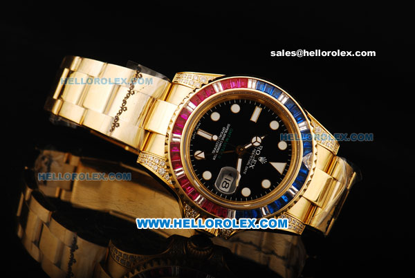 Rolex GMT Master II Swiss ETA 2836 Automatic Movement Full Gold with Colorful Diamond Bezel and White Markers - Click Image to Close